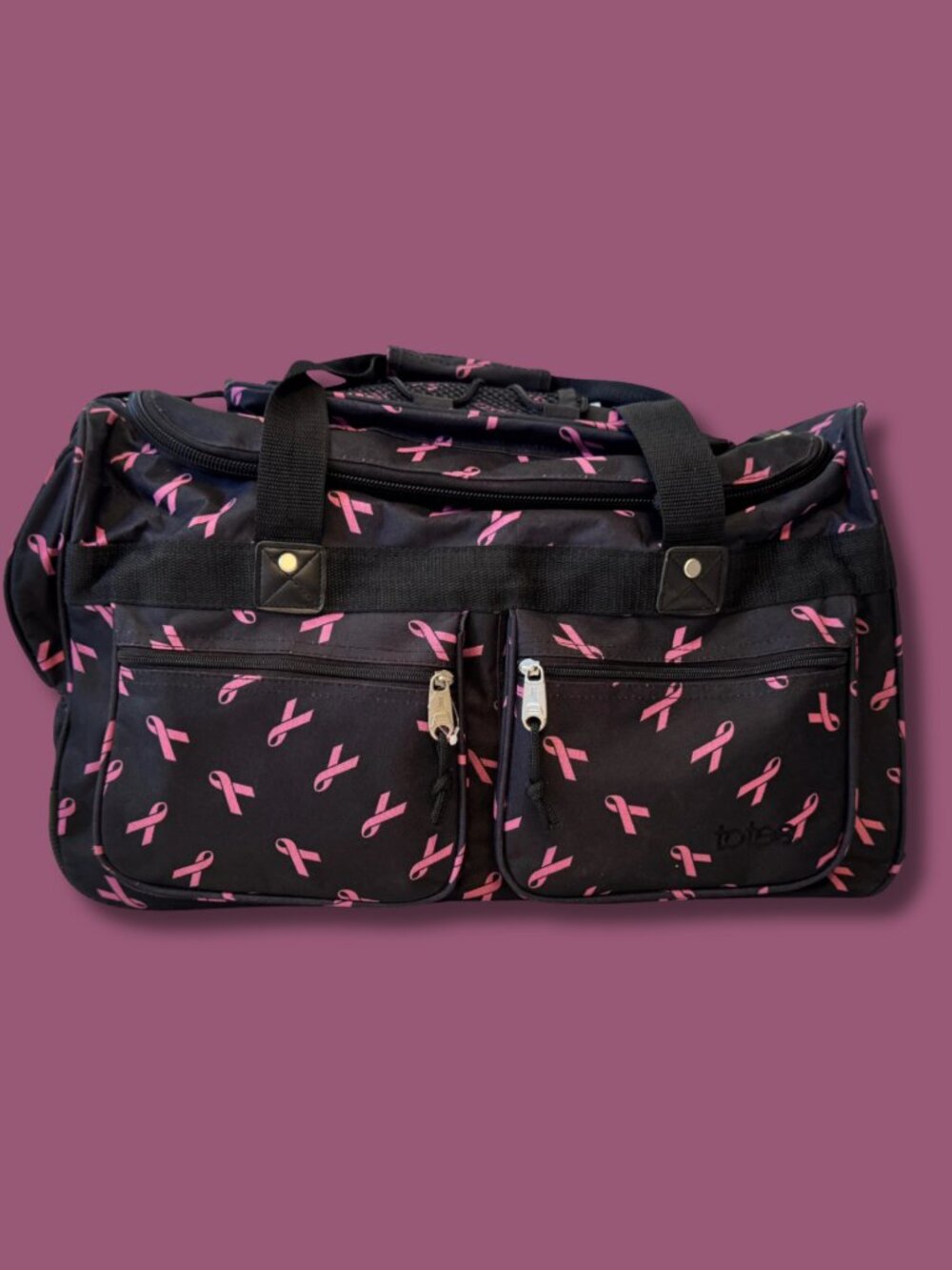 Totes Rolling Duffel Bag Navy Pink Ribbon Travel Luggage Pull Handle EUC